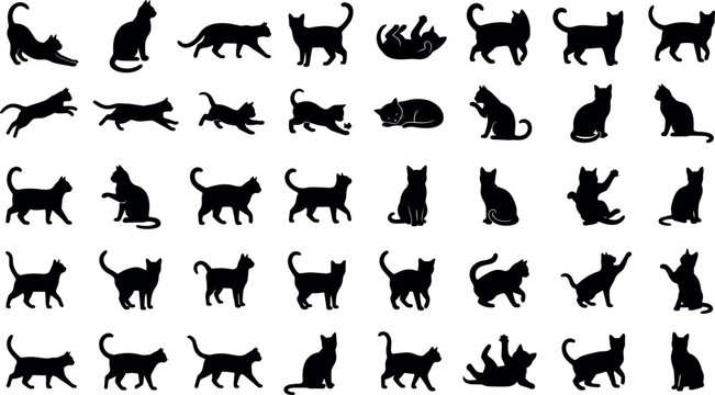 Set of black cat silhouettes in various poses