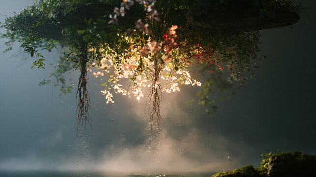 Mystical floating garden with glowing light and roots over mist