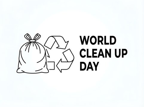 World clean up day icon with a trash bag and recycling symbol isolated on white background