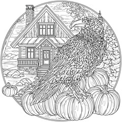Obraz premium Raven near the house on the pumpkins.Coloring book antistress for children and adults.