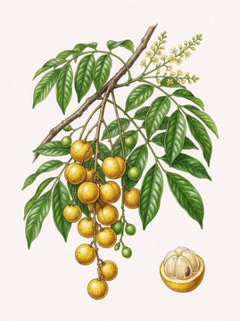 Botanical illustration of longan fruit, featuring a fruit-bearing branch with green leaves, delicate flowers, clusters of golden fruits, and a sliced fruit showing its interior. Perfect for educationa