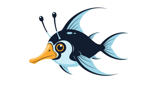 Creative and unusual fish features a yellow duck bill and long black antennas, combining different animal traits in one creature.