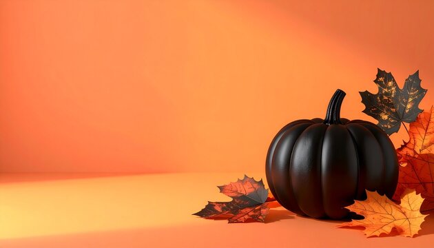 Black Matte Pumpkin with Autumn Leaves on Orange Background Halloween Concept
