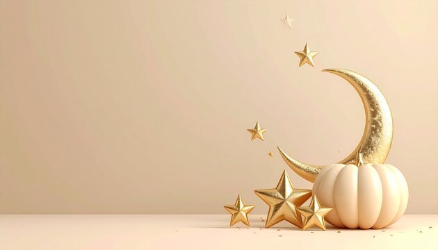 Golden Crescent Moon Stars and Pumpkin 3D Decoration Halloween Celebration Concept