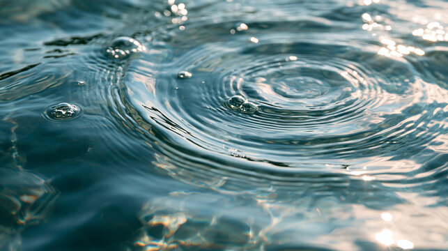 Concentric water ripples on a deep blue surface at sunset