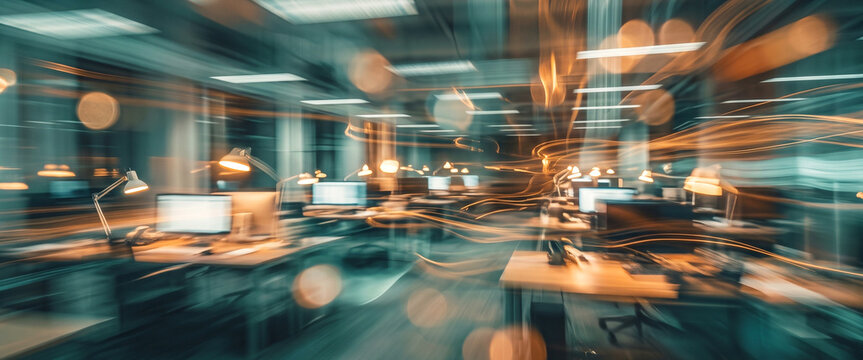 A blurred city office interior with multiple workstations and glowing lights, creating a dynamic and energetic atmosphere. Ideal for themes of productivity.