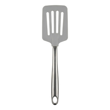 Grey silicone slotted spatula with a polished stainless steel handle isolated on a transparent background
