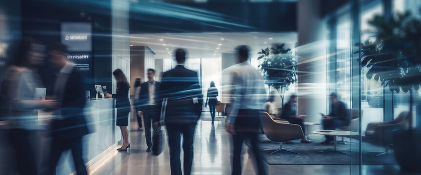 A bustling modern office lobby with professionals walking and interacting. The ambiance reflects a dynamic work environment, showcasing collaboration and activity.