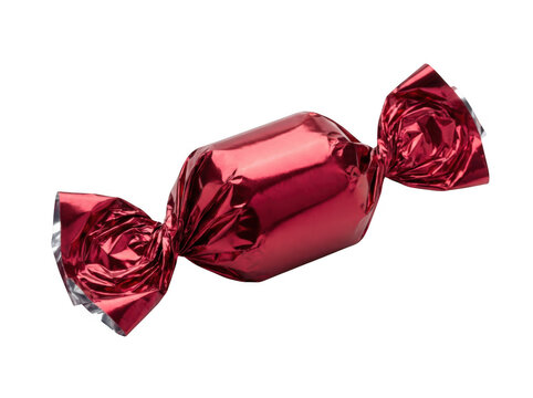 Single red wrapped candy in metallic foil as isolated on with sweet as isolated on transparent background