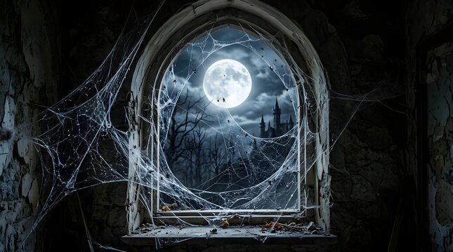 Spooky stone arched window frames a terrifying moonlit landscape featuring dense cobwebs and spiders with an ancient dark gothic castle silhouette visible under bright moonlight