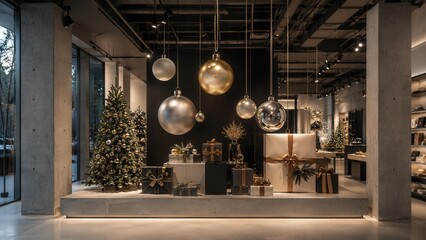 Naklejka premium Luxury Christmas store display with festive tree hanging ornaments and elegant wrapped holiday gifts