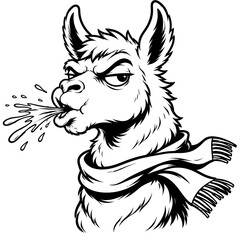 Naklejka premium Cartoon illustration of a funny spitting llama wearing a winter scarf isolated on white background