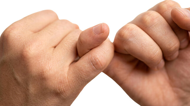 Two people demonstrate a sincere commitment by linking their small fingers together to make a solemn promise that signifies friendship and mutual trust between individuals during a special