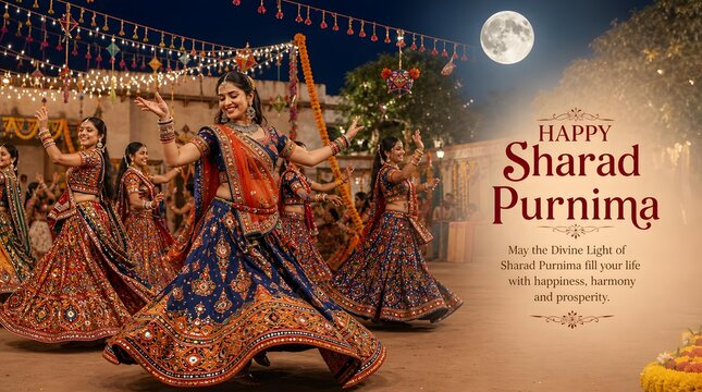 Graceful Indian Women Performing Traditional Folk Dance in Colorful Chaniya Choli Under Full Moon Sky for Sharad Purnima Festival Background
