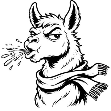 Cartoon illustration of a funny spitting llama wearing a winter scarf isolated on white background