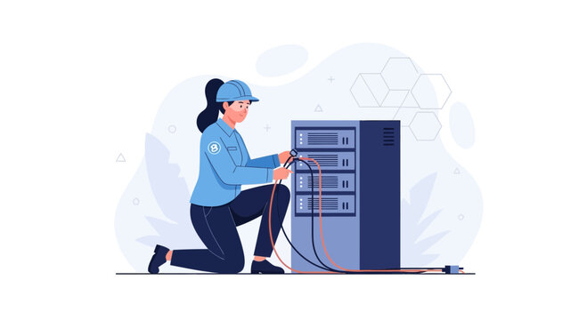 Female technician connecting cables to server rack in data center, modern flat illustration style