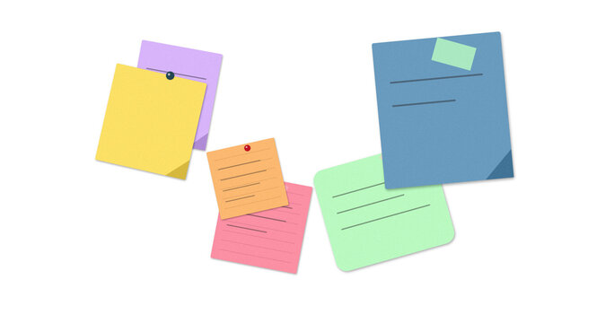 Colorful sticky notes with handwritten text and scribbles on square paper sheets