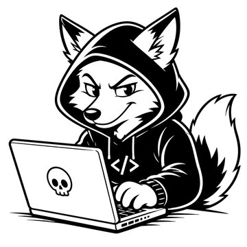 Cartoon style wolf hacker wearing a hoodie working on a laptop computer with a skull sticker