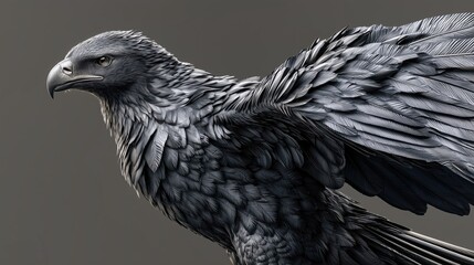 Obraz premium Majestic black raven with detailed feathers and outstretched wings against a dark background for wildlife branding, editorial advertising and commercial design.