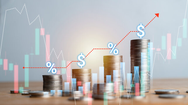 Financial investment growth concept with coin stacks, upward arrow, and stock market trading charts overlay