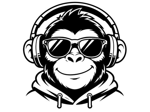 Cool monkey head wearing sunglasses and headphones in a trendy hoodie illustration