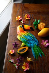 Fototapeta premium Colorful Toucan Sculpture Surrounded by Tropical Fruits and Flowers