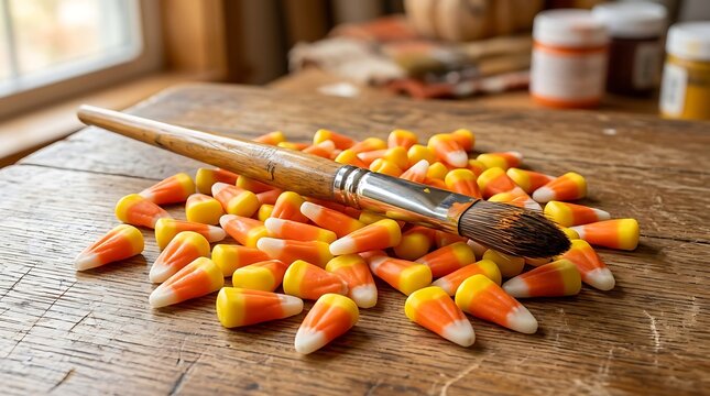 Wooden paintbrush on a pile of Halloween candy corn on rustic table