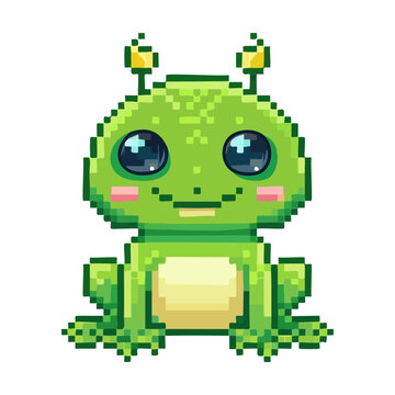 Chubby little green alien frog character sitting calmly for pixelated arcade video game nature mascot graphic sticker digital asset collection