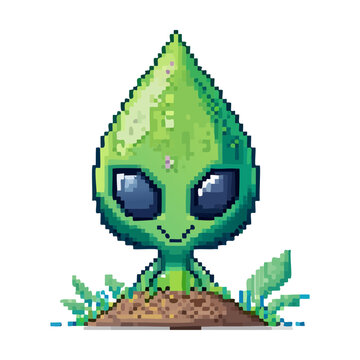 Little seedling alien sprout standing rooted in soil for eco friendly pixel art fantasy video game organic creature sprite asset