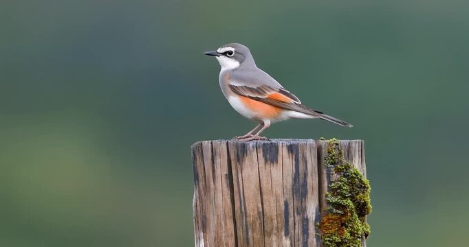Grey wagtail bird stands on old wooden fence post covered in green moss with soft green background in rural landscape