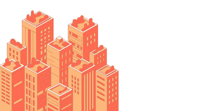 Isometric burning city skyscrapers illustration. Abstract urban disaster concept with fire on rooftops in orange tones on white background.
