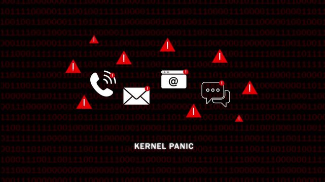 Kernel panic system error warning with digital binary code background, and notification cyber security
