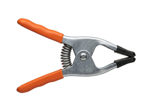 Spring clamp with orange handles and metal jaws on transparent background