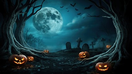 Obraz premium Spooky halloween night scene with glowing jackolanterns in a dark graveyard under a full moon