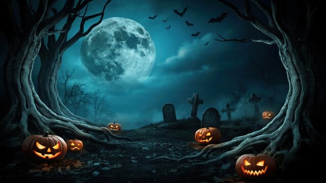 Spooky halloween night scene with glowing jackolanterns in a dark graveyard under a full moon