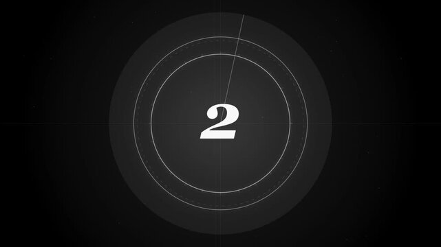 Vintage film countdown timer displaying numbers from nine to zero on black background with circular lines and grain texture for cinematic motion video projects.
