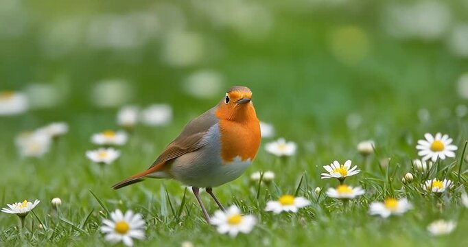 Small robin bird stands amidst white daisy flowers in green grass field capturing essence of spring in countryside