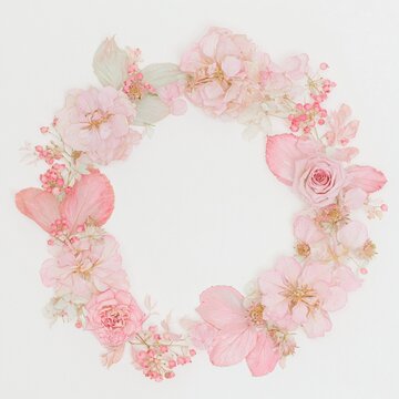 파스텔 핑크 플로럴 리스 프레임 배경과 카피스페이스 Pastel pink floral wreath frame with copy space for wedding and beauty