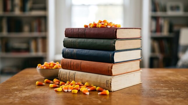 Stacked vintage books with candy corn on a wooden table in a library.