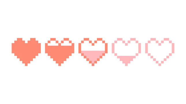 Pixel hearts health bar on transparent png background for game UI