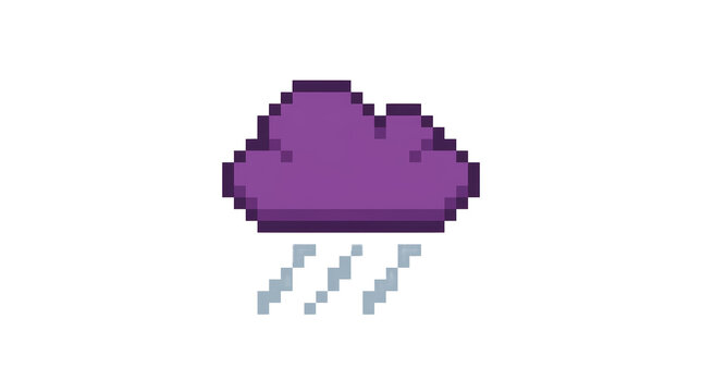 Purple rain cloud pixel art with light blue rain on png background