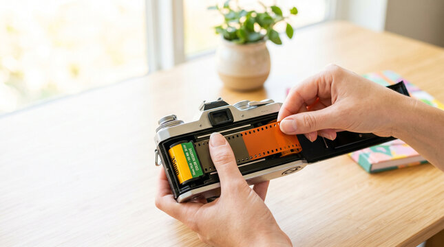 Loading roll of 35mm film into vintage analog camera on wooden table  