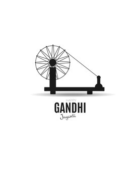 Gandhi Jayanti card with Charkha. Minimalistic poster. Black element, text on white background. Vector illustration