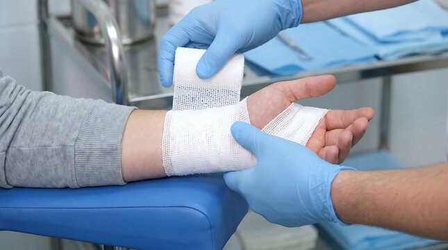 Doctor wrapping patient arm with sterile white bandage in medical clinic treatment room