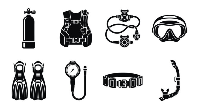 Professional scuba diving equipment black icons for underwater exploration and recreation.