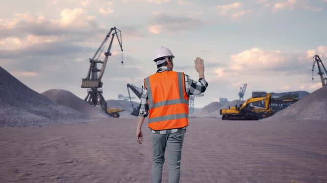 Back of Asian Male Engineer Waving Hand Saying Bye While Walking at Gravel Stockpile Yard with Cranes and Excavators