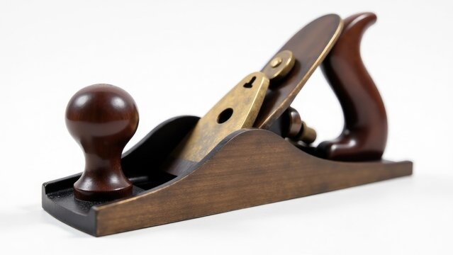 A wooden plane with a wooden handle on a white surface