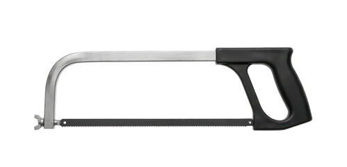 Handheld hacksaw with a metal frame and black plastic handle on transparent background © Vova7
