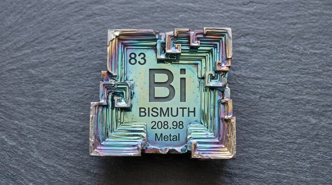 Iridescent bismuth crystal specimen featuring atomic number eighty three and chemical symbol Bi displayed on dark textured stone surface background