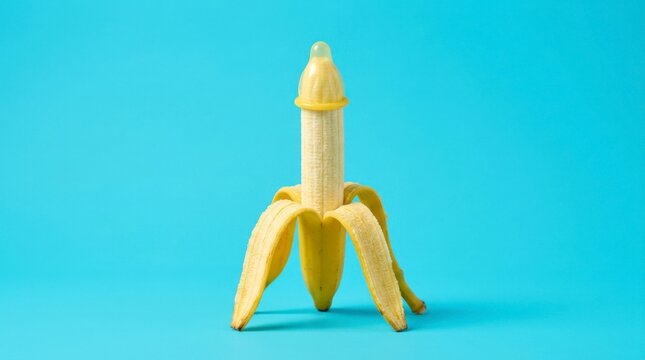 Peeled banana with a condom on the tip, standing upright against a vibrant blue background, concept of safe sex and sexual health awareness
